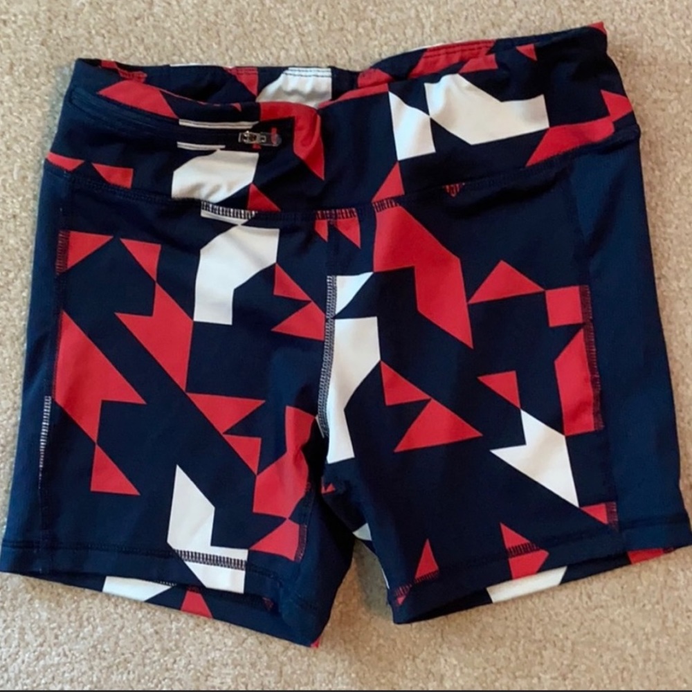 Oiselle Navy/Red Geometric Stride Shorts